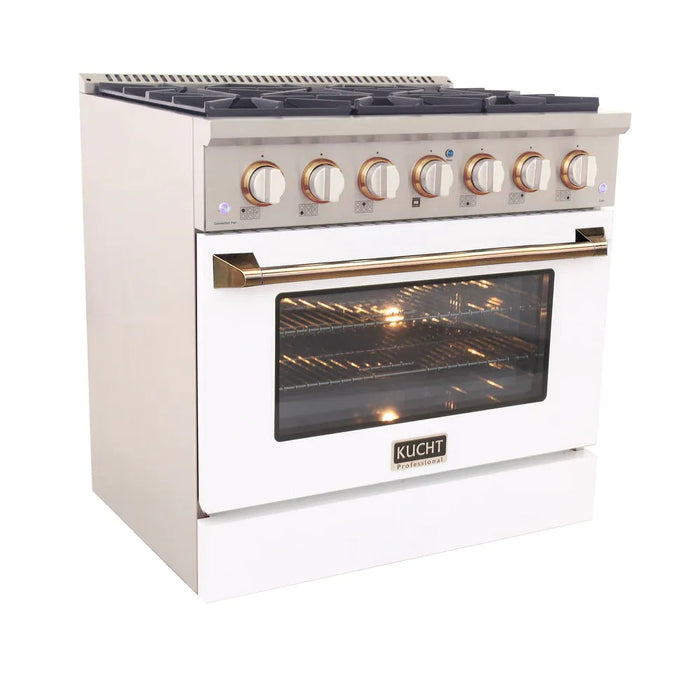 Kucht Signature 36 In. 5.2 cu ft. Propane Gas Range with White Door and Gold Accents, KNG361/LP-W-GOLD