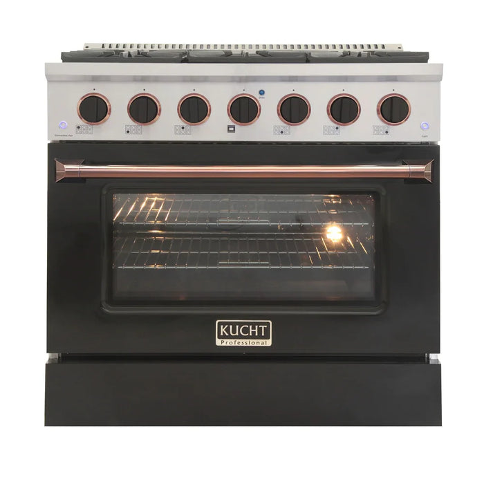 Kucht Signature 36 In. 5.2 cu ft. Natural Gas Range with Black Door and Rose Gold Accents, KNG361-K-ROSE