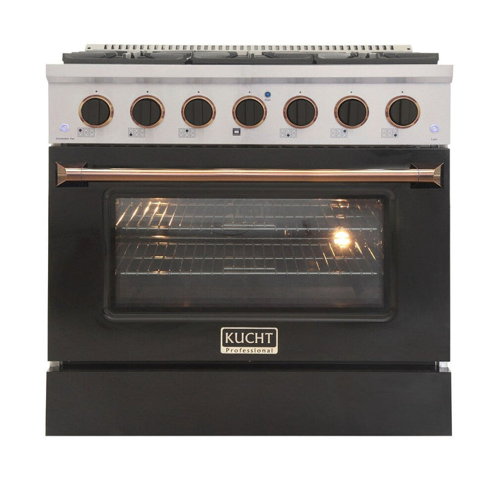 Kucht Signature 36 In. 5.2 cu ft. Propane Gas Range with Black Door and Gold Accents, KNG361/LP-K-GOLD