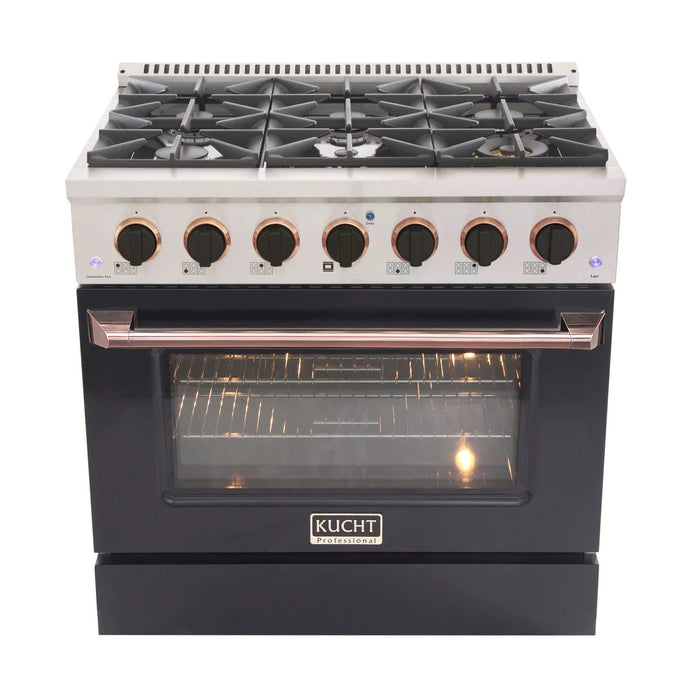 Kucht Signature 36 In. 5.2 cu ft. Propane Gas Range with Black Door and Rose Gold Accents, KNG361/LP-K-ROSE