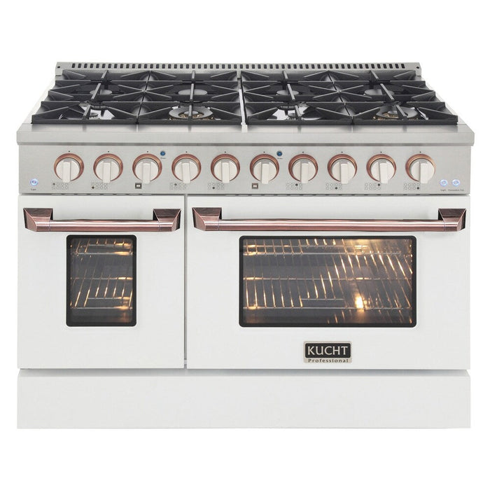 Kucht Signature 48 In. 6.7 cu ft. Natural Gas Range with White Door and Rose Gold Accents, KNG481-W-ROSE