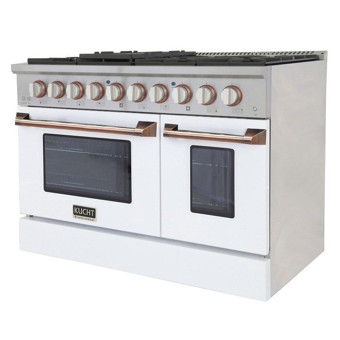 Kucht Signature 48 In. 6.7 cu ft. Natural Gas Range with White Door and Rose Gold Accents, KNG481-W-ROSE