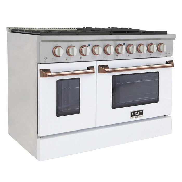 Kucht Signature 48 In. 6.7 cu ft. Natural Gas Range with White Door and Rose Gold Accents, KNG481-W-ROSE