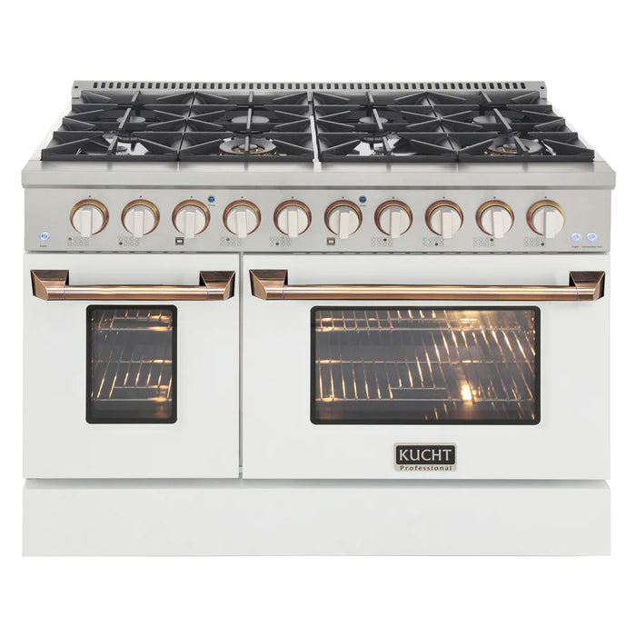 Kucht Signature 48 In. 6.7 cu ft. Natural Gas Range with White Door and Gold Accents, KNG481-W-GOLD