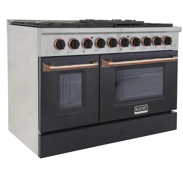 Kucht Signature 48 In. 6.7 cu ft. Propane Gas Range with Black Door and Rose Gold Accents, KNG481/LP-K-ROSE