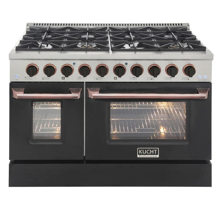 Kucht Signature 48 In. 6.7 cu ft. Propane Gas Range with Black Door and Rose Gold Accents, KNG481/LP-K-ROSE