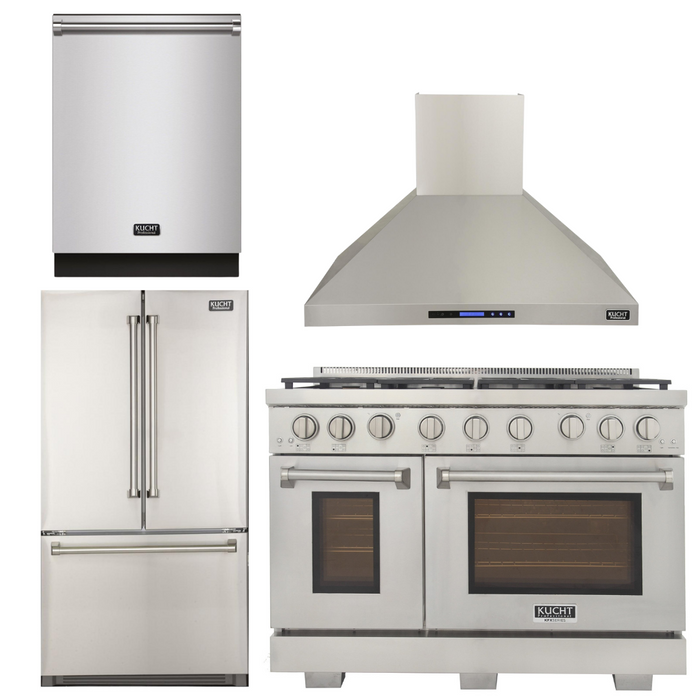 Kucht Appliance Package - 48 inch Natural Gas Range in Stainless Steel, Wall Range Hood, Refrigerator, Dishwasher, AP-KFX480-5