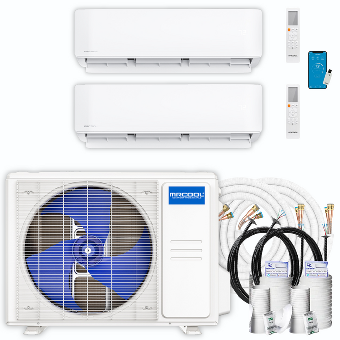 MRCOOL DIY Mini Split - 18,000 BTU 2 Zone Ductless Air Conditioner and Heat Pump with 25 ft. and 50 ft. Install Kit, DIYM218HPW00C10