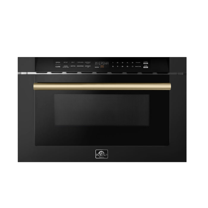 Forno Espresso 24" Built-In Microwave Drawer in Black with Antique Brass Handles, FMWDR3000-24BLK