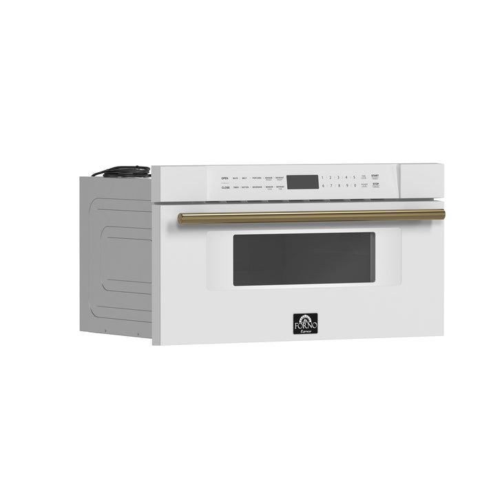 Forno Espresso 30" Built-In Microwave Drawer in White with Antique Brass Handles, FMWDR3000-30WHT