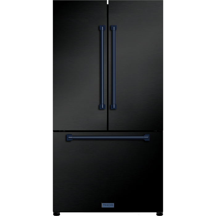 Thor Kitchen Gordon Ramsay 3-Piece Appliance Package - 48-Inch Gas Range with Double Oven, Refrigerator, and Dishwasher in Black with Blue Trim