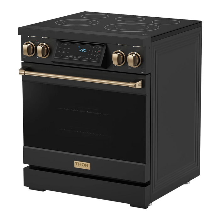 Thor Kitchen Gordon Ramsay 3-Piece Appliance Package - 30-Inch Electric Range with Tilt Panel Touch Control, Refrigerator, and Dishwasher in Black with Bronze Trim