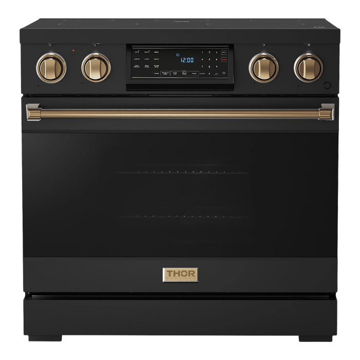 Thor Kitchen Gordon Ramsay 3-Piece Appliance Package - 36-Inch Electric Range with Tilt Panel Touch Control, Refrigerator, and Dishwasher in Black with Bronze Trim