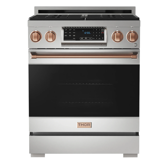 Thor Kitchen Gordon Ramsay 3-Piece Appliance Package - 30-Inch Gas Range with Tilt Panel, Refrigerator, and Dishwasher in Stainless Steel with Rose Gold Trim