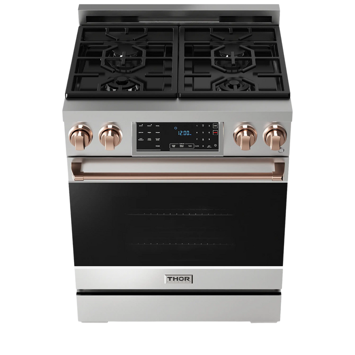 Thor Kitchen Gordon Ramsay 3-Piece Appliance Package - 30-Inch Gas Range with Tilt Panel, Refrigerator, and Dishwasher in Stainless Steel with Rose Gold Trim