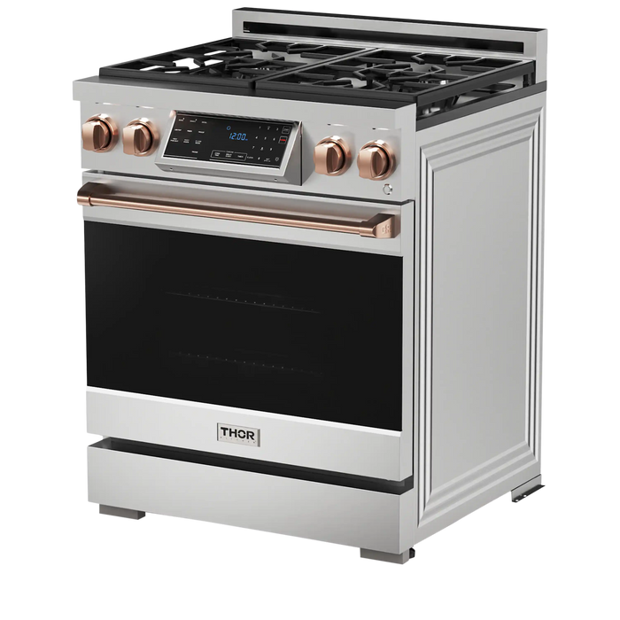 Thor Kitchen Gordon Ramsay 3-Piece Appliance Package - 30-Inch Gas Range with Tilt Panel, Refrigerator, and Dishwasher in Stainless Steel with Rose Gold Trim