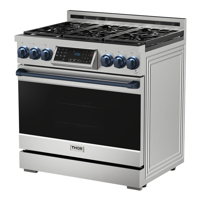 Thor Kitchen Gordon Ramsay Series 36-Inch Professional Gas Range with Tilt Panel Touch Control in Stainless Steel with Navy Blue Trim (RSG36-BLU)