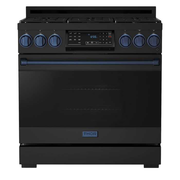 Thor Kitchen Gordon Ramsay 3-Piece Appliance Package - 36-Inch Gas Range with Tilt Panel, Refrigerator, and Dishwasher in Black with Blue Trim