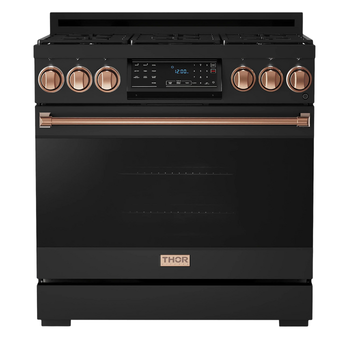 Thor Kitchen Gordon Ramsay 3-Piece Appliance Package - 36-Inch Electric Range with Tilt Panel Touch Control, Refrigerator, and Dishwasher in Black with Rose Gold Trim