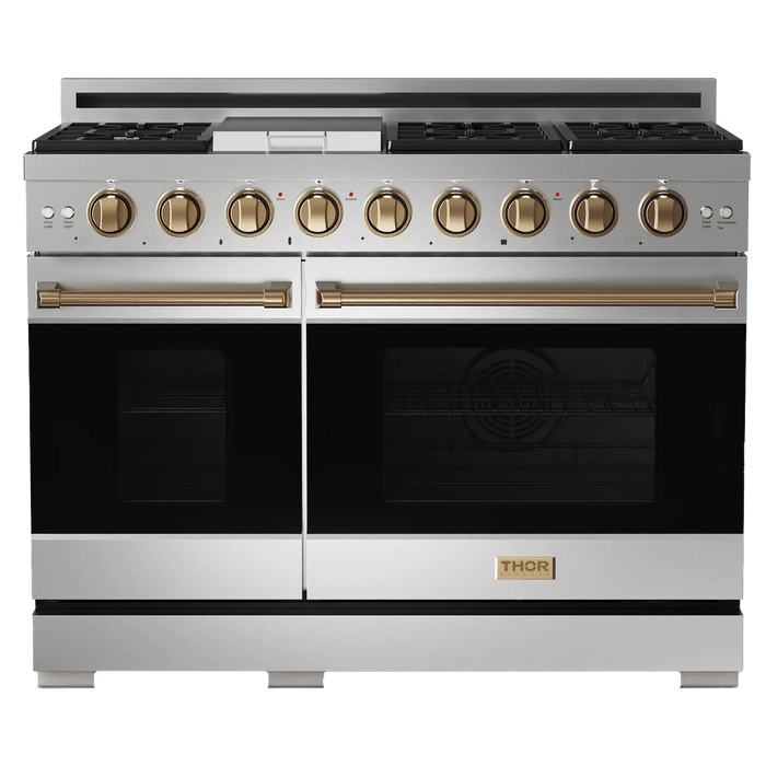 Thor Kitchen Gordon Ramsay 3-Piece Appliance Package - 48-Inch Gas Range with Double Oven, Refrigerator, and Dishwasher in Stainless Steel with Bronze Trim