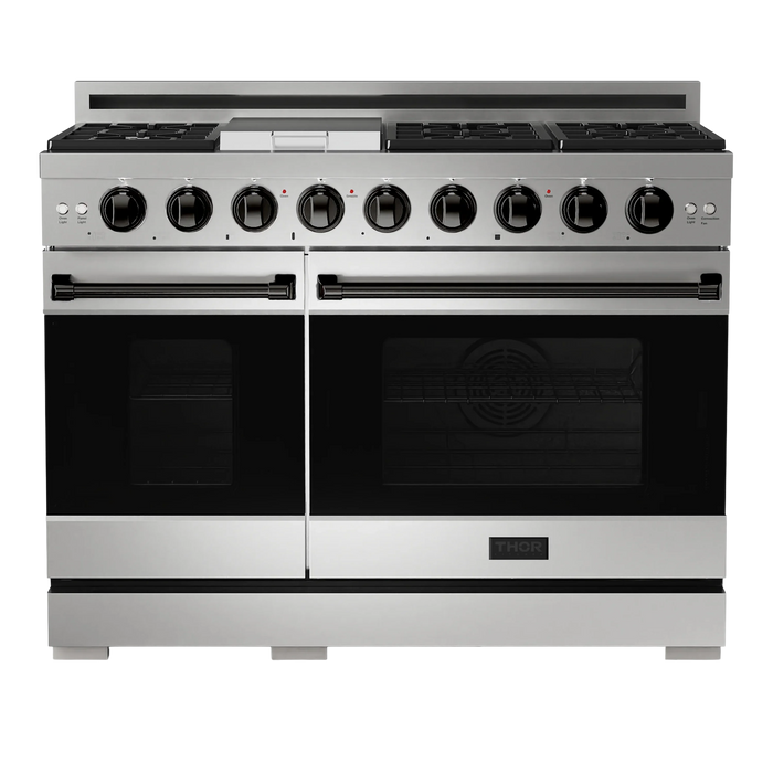 Thor Kitchen Gordon Ramsay 3-Piece Appliance Package - 48-Inch Gas Range with Double Oven, Refrigerator, and Dishwasher in Stainless Steel with Black Trim