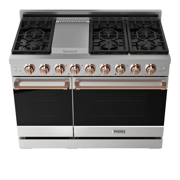 Thor Kitchen Gordon Ramsay 3-Piece Appliance Package - 48-Inch Gas Range with Double Oven, Refrigerator, and Dishwasher in Stainless Steel with Rose Gold Trim