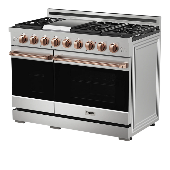 Thor Kitchen Gordon Ramsay 3-Piece Appliance Package - 48-Inch Gas Range with Double Oven, Refrigerator, and Dishwasher in Stainless Steel with Rose Gold Trim