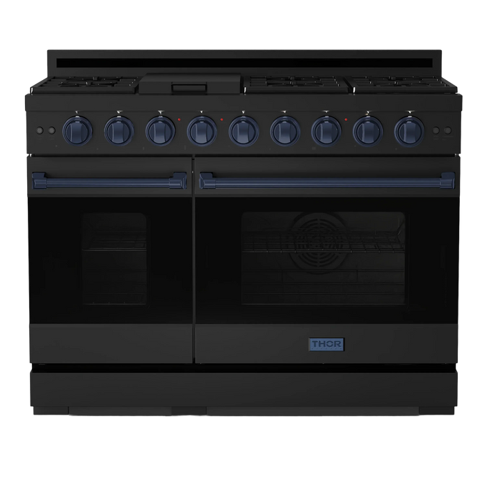 Thor Kitchen Gordon Ramsay 3-Piece Appliance Package - 48-Inch Gas Range with Double Oven, Refrigerator, and Dishwasher in Black with Blue Trim