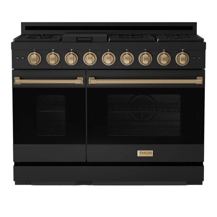 Thor Kitchen Gordon Ramsay 3-Piece Appliance Package - 48-Inch Gas Range with Double Oven, Refrigerator, and Dishwasher in Black with Bronze Trim