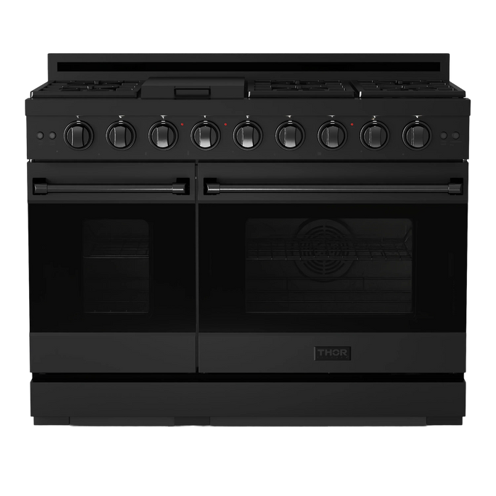 Thor Kitchen Gordon Ramsay 3-Piece Appliance Package - 48-Inch Gas Range with Double Oven, Refrigerator, and Dishwasher in Black