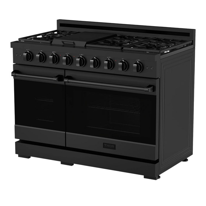 Thor Kitchen Gordon Ramsay 3-Piece Appliance Package - 48-Inch Gas Range with Double Oven, Refrigerator, and Dishwasher in Black