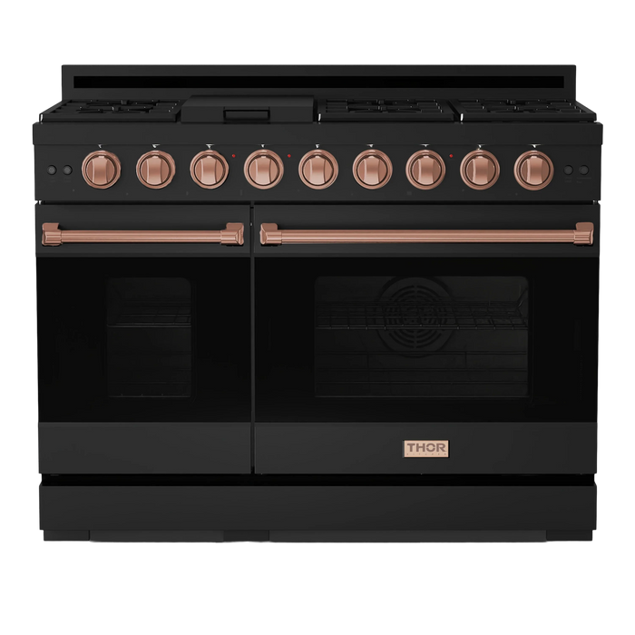 Thor Kitchen Gordon Ramsay 3-Piece Appliance Package - 48-Inch Gas Range with Double Oven, Refrigerator, and Dishwasher in Black with Rose Gold Trim