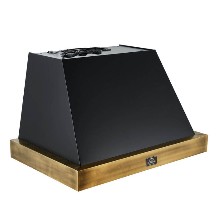 Forno Espresso 36" 600 CFM Wall Mount Range Hood in Black and Antique Brass Trim with Remote Control, FRHWM5078-36BLK