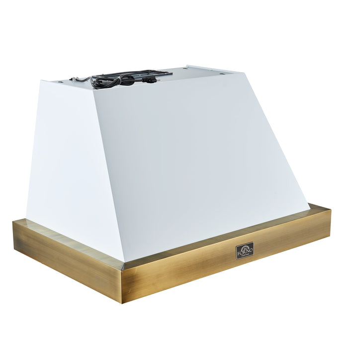 Forno Espresso 36" 600 CFM Wall Mount Range Hood in White and Antique Brass Trim with Remote Control, FRHWM5078-36WHT