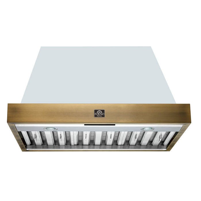 Forno Espresso 36" 600 CFM Wall Mount Range Hood in White and Antique Brass Trim with Remote Control, FRHWM5078-36WHT