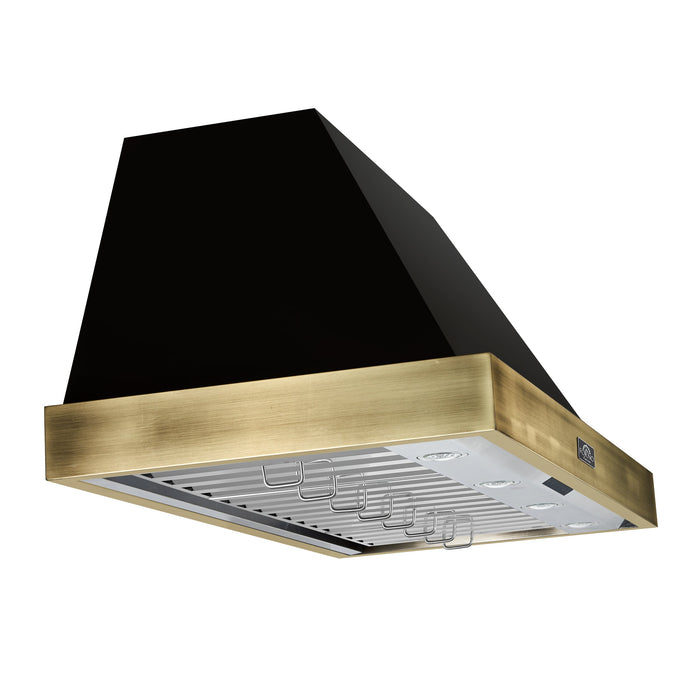 Forno Espresso 48" 600 CFM Wall Mount Range Hood in Black and Antique Brass Trim with Remote Control, FRHWM5078-48BLK