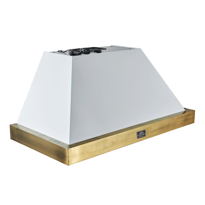 Forno Espresso 48" 600 CFM Wall Mount Range Hood in White and Antique Brass Trim with Remote Control, FRHWM5078-48WHT