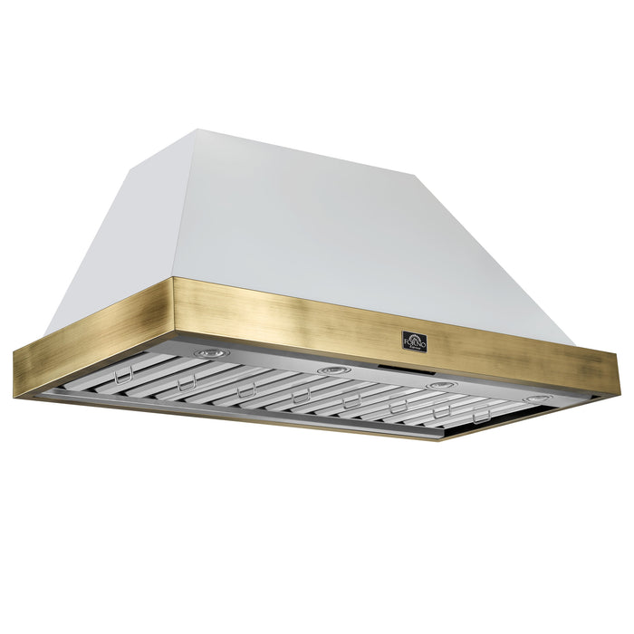 Forno Espresso 48" 600 CFM Wall Mount Range Hood in White and Antique Brass Trim with Remote Control, FRHWM5078-48WHT