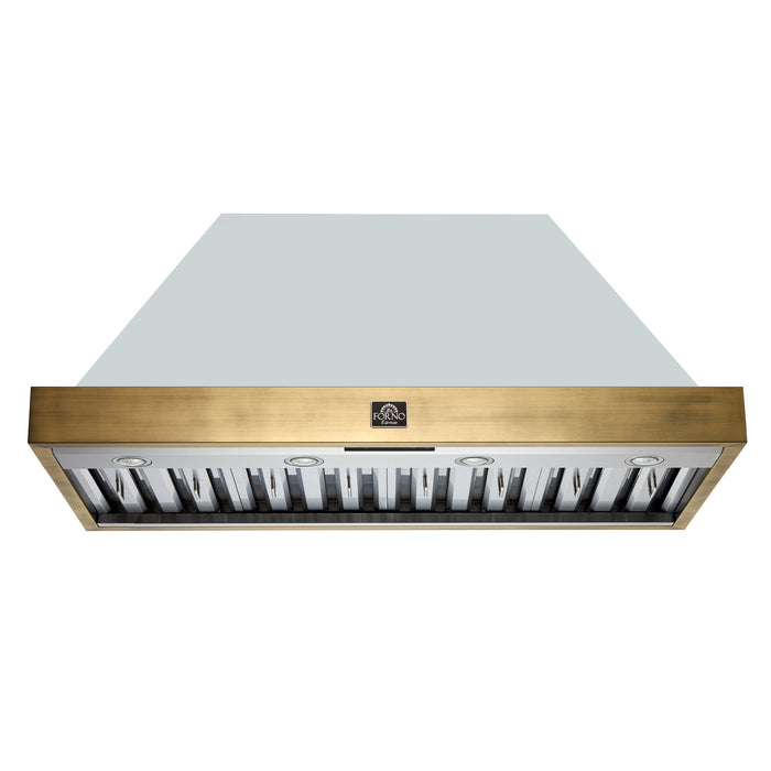 Forno Espresso 48" 600 CFM Wall Mount Range Hood in White and Antique Brass Trim with Remote Control, FRHWM5078-48WHT