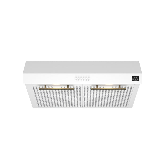 Forno Espresso 30" Under Cabinet Range Hood in White with Antique Brass Handles, FRHUC5255-30WHT