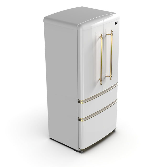 Forno Luigi 33" 18 cu. ft. French Door Refrigerator in White with Antique Brass Handles, FFFFD1791-33WHT