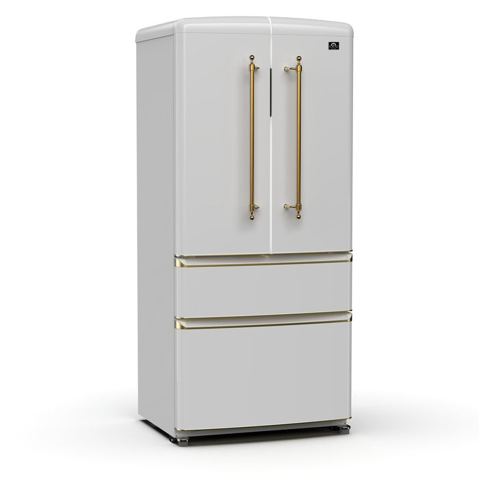 Forno Luigi 33" 18 cu. ft. French Door Refrigerator in White with Antique Brass Handles, FFFFD1791-33WHT