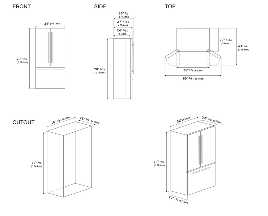 Forza 36-Inch French Door Refrigerator with Bottom Freezer in Stainless Steel (FF36FBMS)