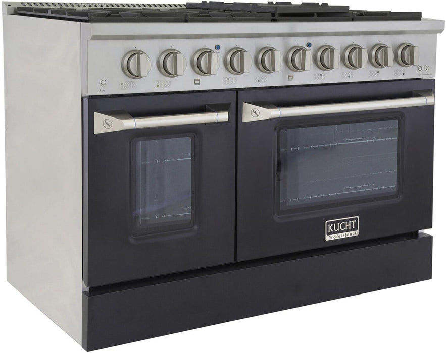 Kucht Professional 48 in. 6.7 cu ft. Propane Gas Range with Black Door and Silver Knobs, KNG481/LP-K