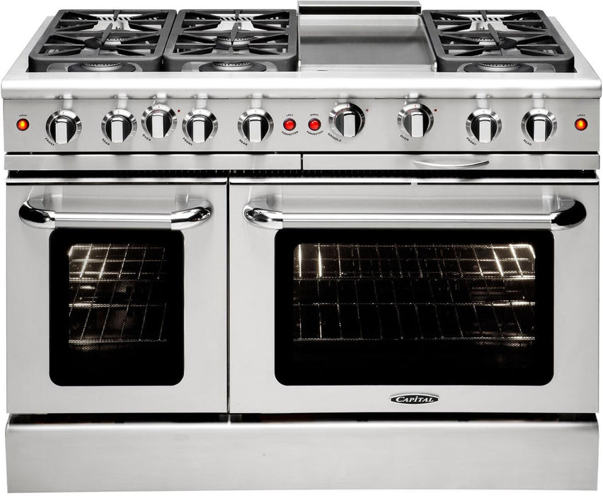 Capital Precision Series 48" Freestanding All Gas Range with 8 Sealed Burners, Optional Griddle/Grill, 7.1 cu. ft. Total Capacity Double Oven in Stainless Steel (MCR488)