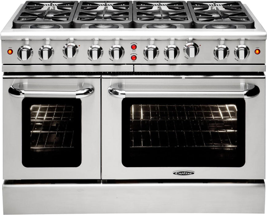 Capital Precision Series 48" Freestanding All Gas Range with 8 Sealed Burners, Optional Griddle/Grill, 7.1 cu. ft. Total Capacity Double Oven in Stainless Steel (MCR488)