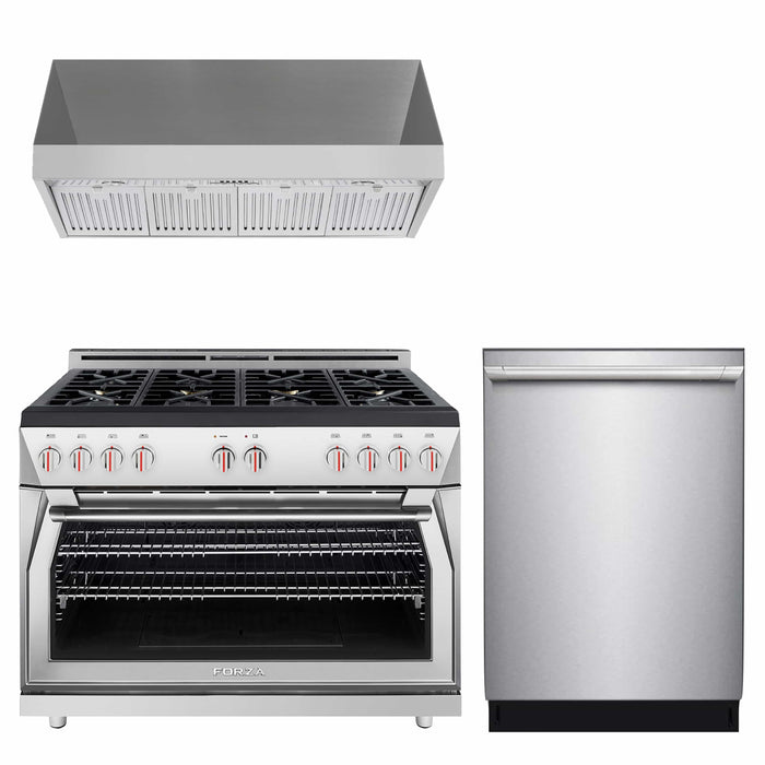 Forza 3-Piece Appliance Package - 48-Inch Gas Range, 18-Inch Tall Premium Range Hood, & 24-Inch Dishwasher in Stainless Steel