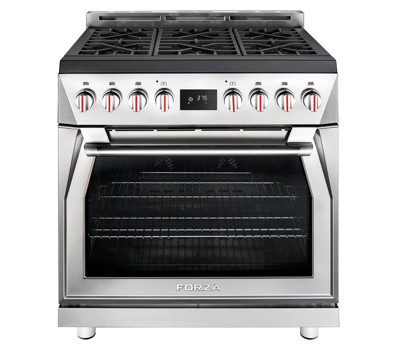 Forza 4-Piece Appliance Package - 36-Inch Dual Fuel Range, Under Cabinet Range Hood, 24-Inch Dishwasher and Refrigerator in Stainless Steel