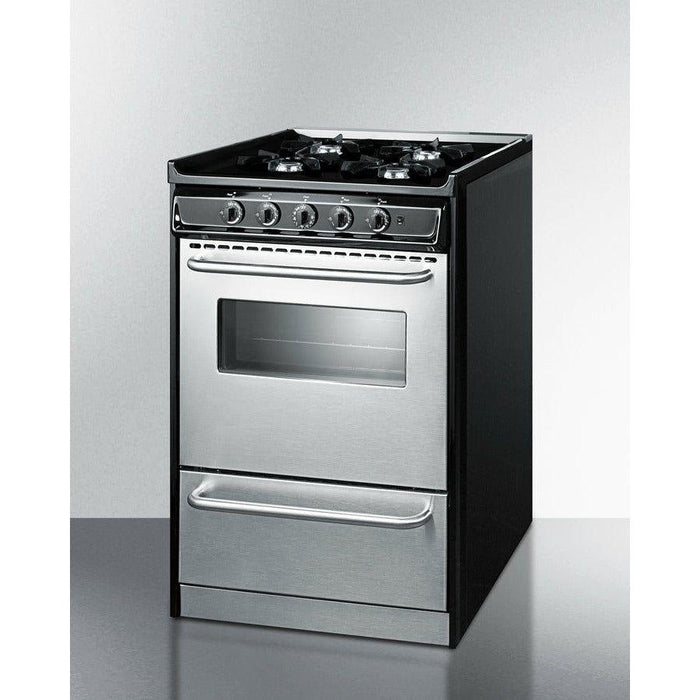 Summit 20 in. Wide Gas Range, Open Burners with Natural Gas, 4 Open Burners, 2.46 cu. ft. Total Oven Capacity, Viewing Window, Broiler Drawer, Electronic Ignition - TNM1