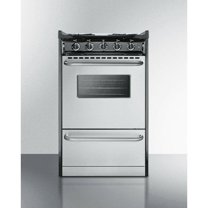 Summit 20 in. Wide Gas Range, Open Burners with Natural Gas, 4 Open Burners, 2.46 cu. ft. Total Oven Capacity, Viewing Window, Broiler Drawer, Electronic Ignition - TNM1